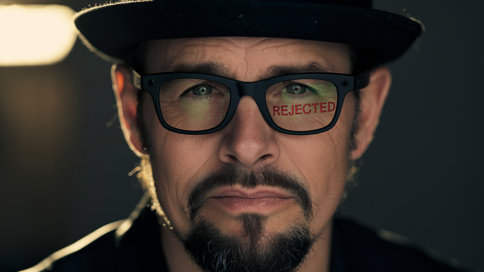 Keith Bilous - close-up portrait with REJECTED reflected in glasses