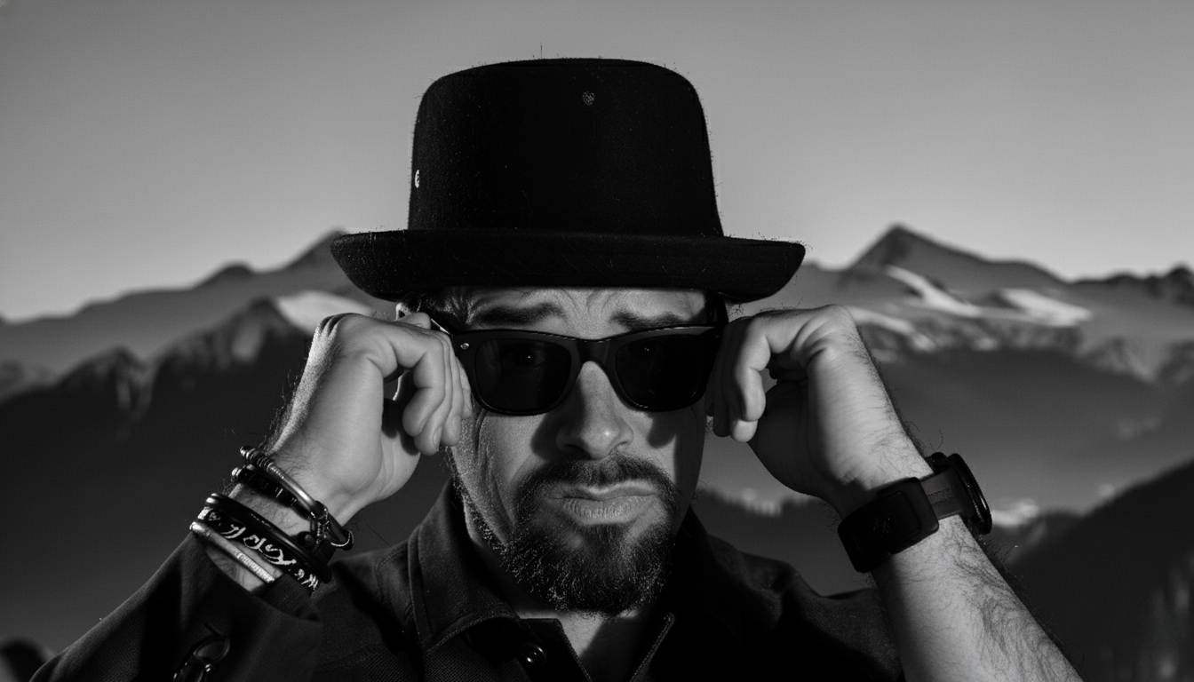 Keith Bilous - black and white portrait with hat and sunglasses, mountains in background