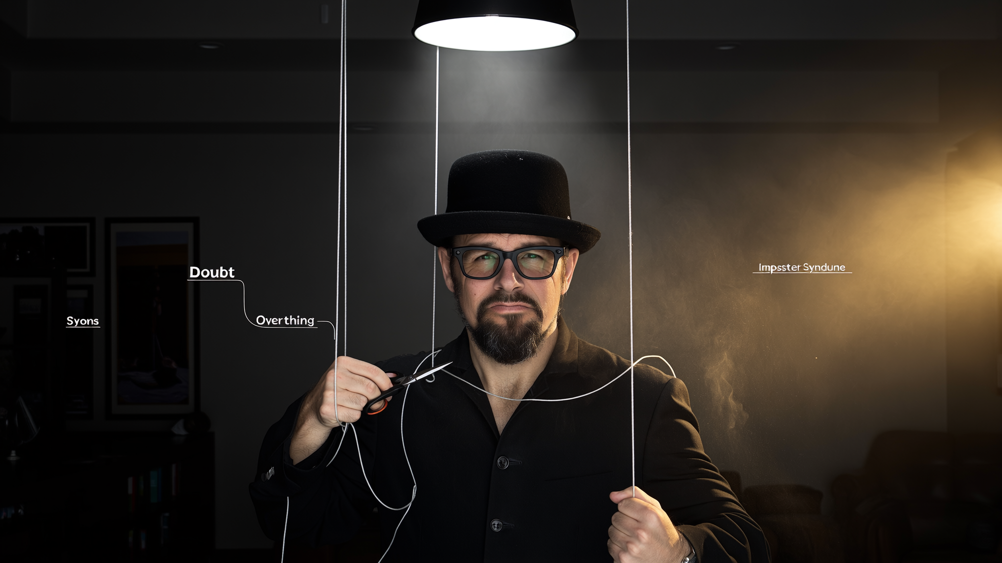 Keith Bilous cutting strings in a dark room